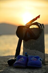 diving gear, snorkeling gear, diving goggles, sunset, nature, sea, ocean
