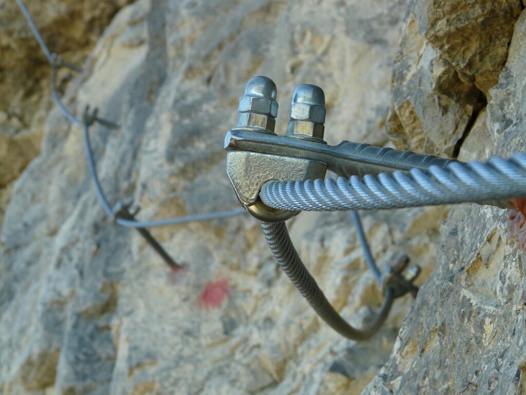 wire rope, anchoring, metal screws, backup, rope, security, mountain sports, via ferrata, via ferrata set, rope up, steel rope, rockclimbing, climb, to back up, via ferrata, via ferrata, via ferrata, via ferrata, via ferrata