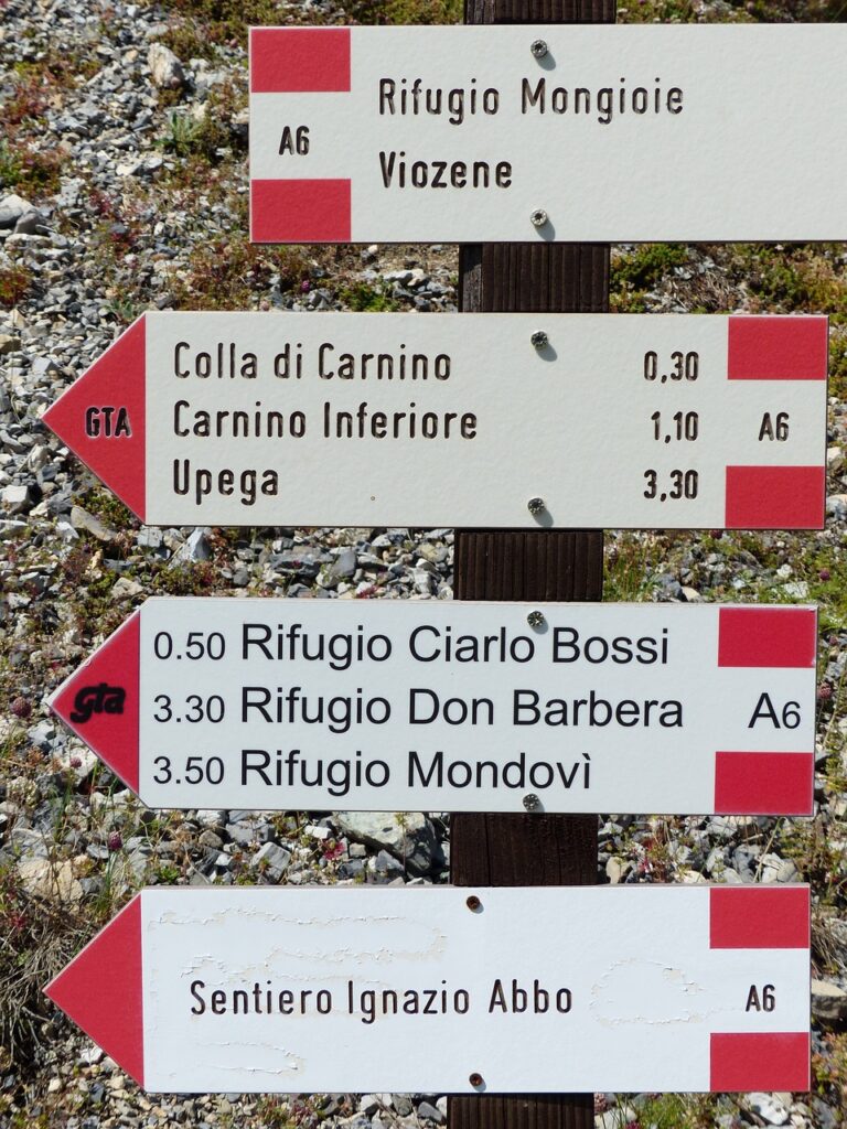 signpost, waypoint, hiking trails, direction, marking, sign, a notice, right, left, gta, grande traversata delle alpi